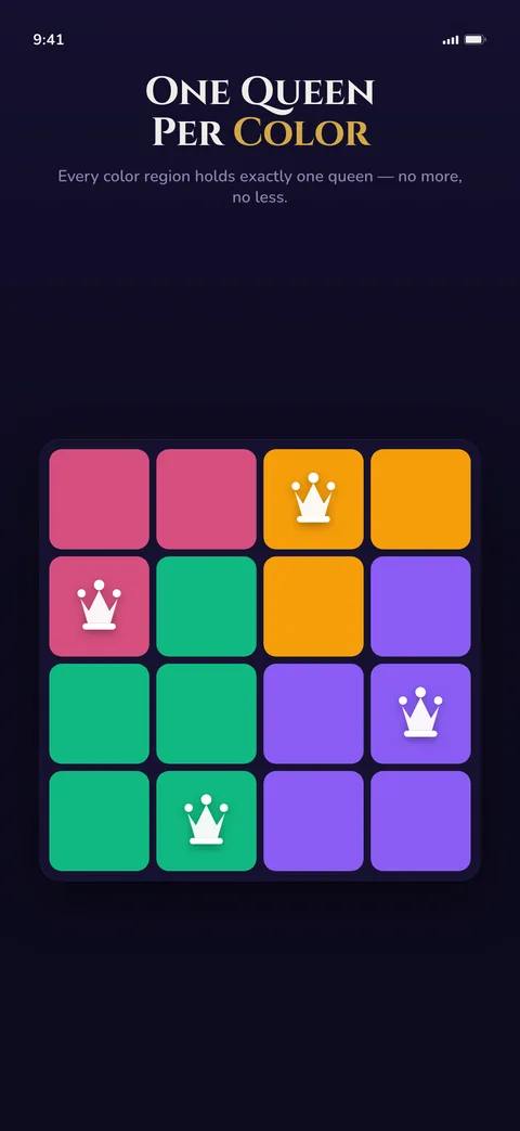 One queen per color region on a 5×5 board